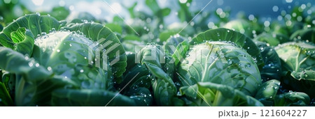 Dew-covered cabbages grow abundantly on a farm plantation, their crisp, green leaves reflecting the freshness and vitality of the thriving crop, banner 121604227