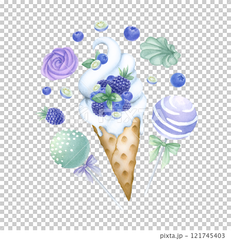 Ice cream in waffle cone with blueberry, blackberry and mint. Marshmallows and cake pops. Hand drawn watercolor isolated illustration delicious desserts in purple and green colors for food design. 121745403