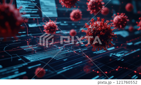 Digital visualization of red virus particles with data and dark background, AI Generative 121760552