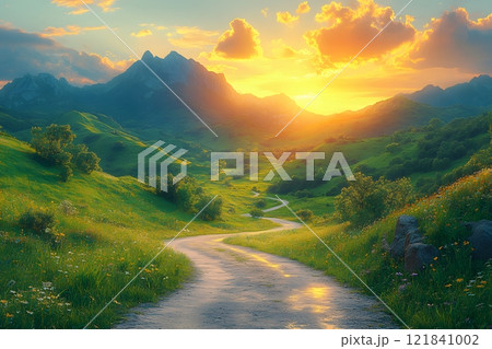 Serene Sunset Over Rolling Hills and Winding Path in Mountainous Landscape Generative AI 121841002