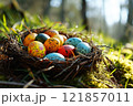 Colorful Easter eggs nestled in a natural basket surrounded by flowers and wildlife 121857011