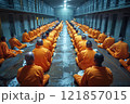 Prisoners in yellow uniforms sit in the Corridor of a European prison with doors to the cells of prisoners. 121857015