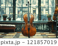 Musical string instrument violin, antique vintage instrument in case. Luxury expensive antiques display. 121857019