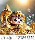 Adorable Figurine in Golden Snake Costume Surrounded with Generative AI. 121868872