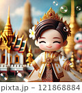 Elegant Figurine in Traditional Thai Attire with Temple Background with Generative AI. 121868884