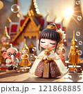 Elegant Figurine in Traditional Thai Attire with Temple Background with Generative AI. 121868885