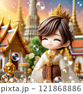 Elegant Figurine in Traditional Thai Attire with Temple Background with Generative AI. 121868886