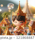 Elegant Figurine in Traditional Thai Attire with Temple Background with Generative AI. 121868887