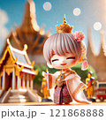 Elegant Figurine in Traditional Thai Attire with Temple Background with Generative AI. 121868888