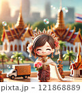 Elegant Figurine in Traditional Thai Attire with Temple Background with Generative AI. 121868889