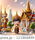 Elegant Figurine in Traditional Thai Attire with Temple Background with Generative AI. 121868890