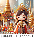 Elegant Figurine in Traditional Thai Attire with Temple Background with Generative AI. 121868891