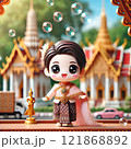 Elegant Figurine in Traditional Thai Attire with Temple Background with Generative AI. 121868892