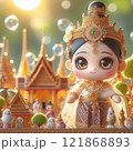 Elegant Figurine in Traditional Thai Attire with Temple Background with Generative AI. 121868893