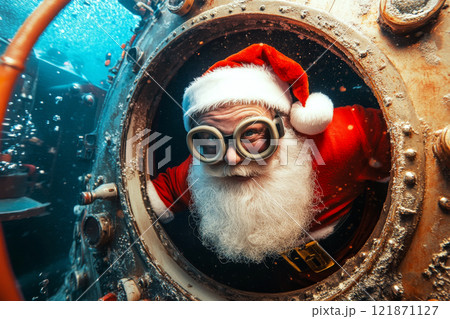 Santa in a red suit peers out of a submarine porthole underwater, wearing goggles and a festive hat. Concept of holiday adventure and exploration. 121871127