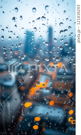 Rain-soaked window view overlooking a blurred urban landscape during foggy day 121816203