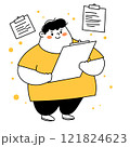 Cute cartoon man with notes. People make task and process document brainstorming. Character management notebook. Thin line vector illustration. 121824623