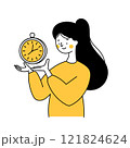 Cute cartoon woman holding a clock. Young character save plan countdown and management time. Deadline concept schedule. Outline illustration 121824624