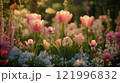 Colorful blooming flowers in a vibrant garden during springtime 121996832