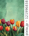 Colorful tulips bloom against a textured green backdrop in a scenic garden 121996838