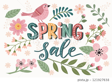 spring sale poster with leaf and blossom 121927638