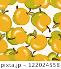 Seamless pattern with apple on white background. Natural delicious fresh ripe tasty fruit. Vector illustration for print, fabric, textile, banner, design. Stylized apples with leaves. Food concept 122024558