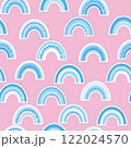 Trendy seamless pattern with colorful rainbow on color background. Design for invitation, poster, card, fabric, textile, fabric. Cute holiday illustration for baby. Doodle style 122024570