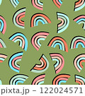 Trendy seamless pattern with colorful rainbow on color background. Design for invitation, poster, card, fabric, textile, fabric. Cute holiday illustration for baby. Scandinavian doodle style 122024571