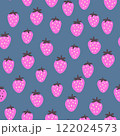 Seamless pattern with strawberry on color background. Natural delicious fresh ripe tasty fruit. Vector illustration for print, fabric, textile, banner, other design. Food concept. 122024573