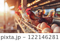 Chicken with production line of chicken eggs of farm. 122146281