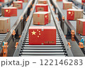 Made in China. Cardboard boxes with China flag on the roller conveyor. 122146283