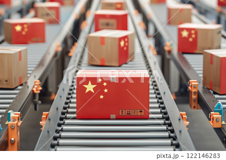 Made in China. Cardboard boxes with China flag on the roller conveyor. 122146283