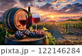 Wine Glasses And Bottle With Barrel In Vineyard At Sunset. 122146284