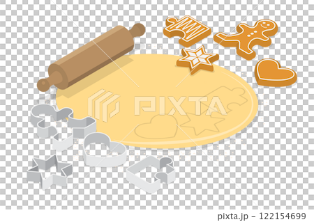 3D Isometric Flat  Illustration of Sweet Pastry, Dough, Wooden Rolling Pin, and Cookie Cutters 122154699