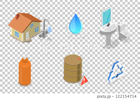 3D Isometric Flat  Illustration of Water Conservation, Rainwater Collection for Resource-Saving 122154714