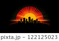 rising sun symbol illuminating cityscape, embodying business success and visionary leadership 122125023