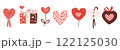 Valentine objects like hearts, gifts, and flowers on white background 122125030