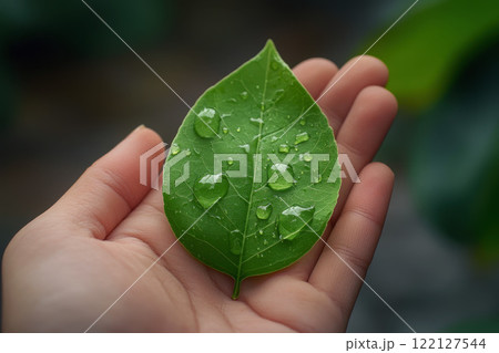 hand hold Green leaf with water droplet represents reducing CO2. Carbon footprint and carbon credit help limit global warming caused by climate change. 122127544