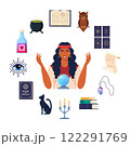 Magician tools. Wizard magic mystery amulet, spell book, gypsy fortune teller, crystal ball, evil eye, tarot cards, potion cauldron. Vector illustration. 122291769