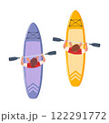 Man and woman standing on sup boards on water, holding oar, top view. Advertising of sports school, teaching to ride SUP. Vector illustration. 122291772