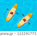 Man and woman standing on sup boards on water, holding oar, top view. Advertising of sports school, teaching to ride SUP. Vector illustration. 122291773