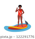 Happy black woman holds a paddle in his hands and stands on a sup board. Summer active rest on the sea or river. Sup boarding. Vector illustration. 122291776