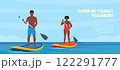 Sup boarding event poster design. Black man and woman standing on sup boards on water, holding oar and swims. Advertising of sports school, teaching to ride SUP. Vector illustration. 122291777