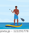 Happy black man holds a paddle in his hands and stands on a sup board. Summer active rest on the sea or river. Sup boarding. Vector illustration. 122291778