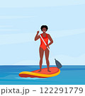 Happy black woman holds a paddle in his hands and stands on a sup board. Summer active rest on the sea or river. Sup boarding. Vector illustration. 122291779