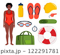 Black woman in swimsuit. Swimming equipment for swimming training. Swimsuit, goggles, flippers, swim cap, water bottle, towel, stopwatch, whistle, sport bag. Vector illustration. 122291781