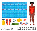 Black woman in swimsuit. Swimming pool and equipment for swimming training. Swimsuit, goggles, flippers, swim cap, water bottle, towel, stopwatch, whistle, sport bag. Vector illustration. 122291782