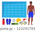 Black man in swimsuit. Swimming pool and equipment for swimming training. Swimsuit, goggles, flippers, swim cap, water bottle, towel, stopwatch, whistle, sport bag. Vector illustration. 122291783