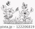 coloring page with  butterflies flying over grass and flowers. 122206819