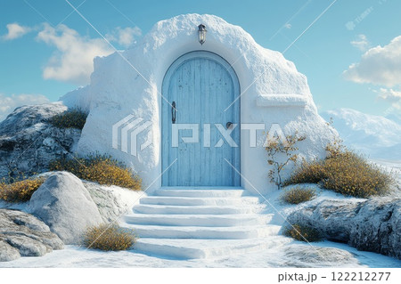 Unique icy structure with a blue door amidst rocks and shrubs under a clear sky on a sunny day 122212277